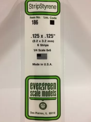 Evergtreen 186 - .125" X .125" X 14" / 3.2mmX 3.2mm X 35cm Opaque White Polystyrene Strip