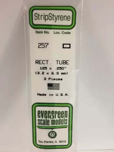 Evergreen 257 - .125" x .250" x 14" / 3.2mm X 6.3mm X 35CM OD Opaque White Polystyrene Rectangular Tubing