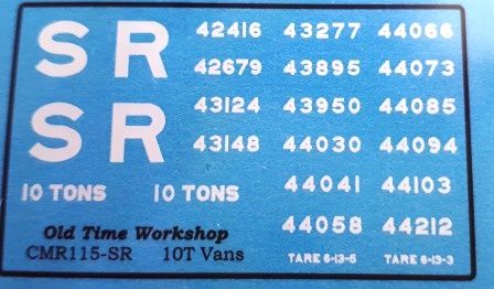 CMR115 (SR) - Old Time Workshop 4mm Decals - ex-LSWR 10T Vans, SR Livery